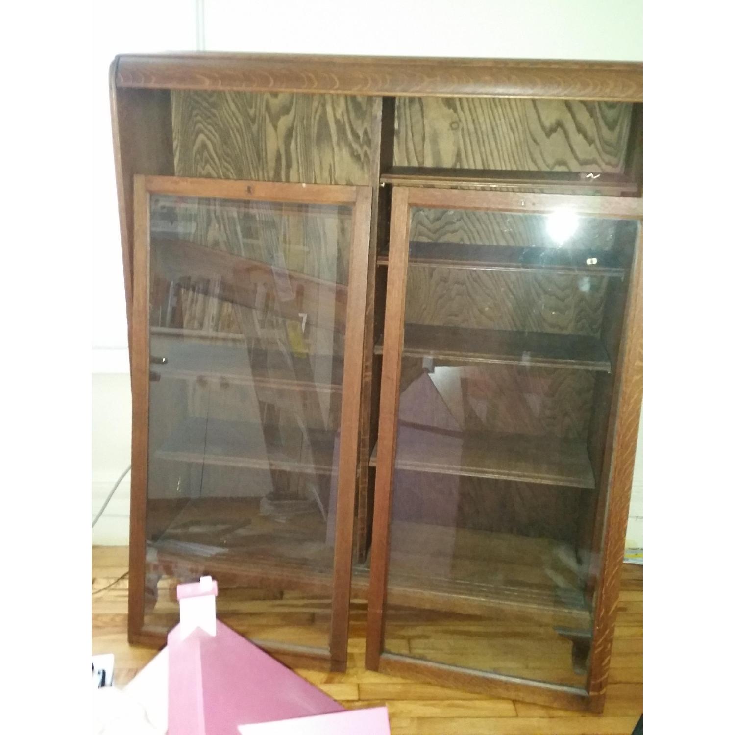 Solid Oak Bookcase w/ Sliding Glass Doors - image-2