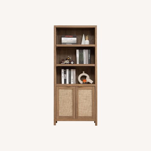 Used Dark Brown Wood Bookcase with Rattan Doors for sale on AptDeco