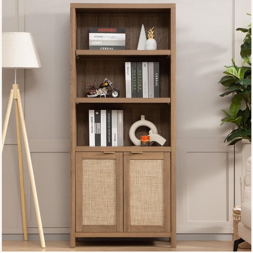 Used Dark Brown Wood Bookcase with Rattan Doors for sale on AptDeco