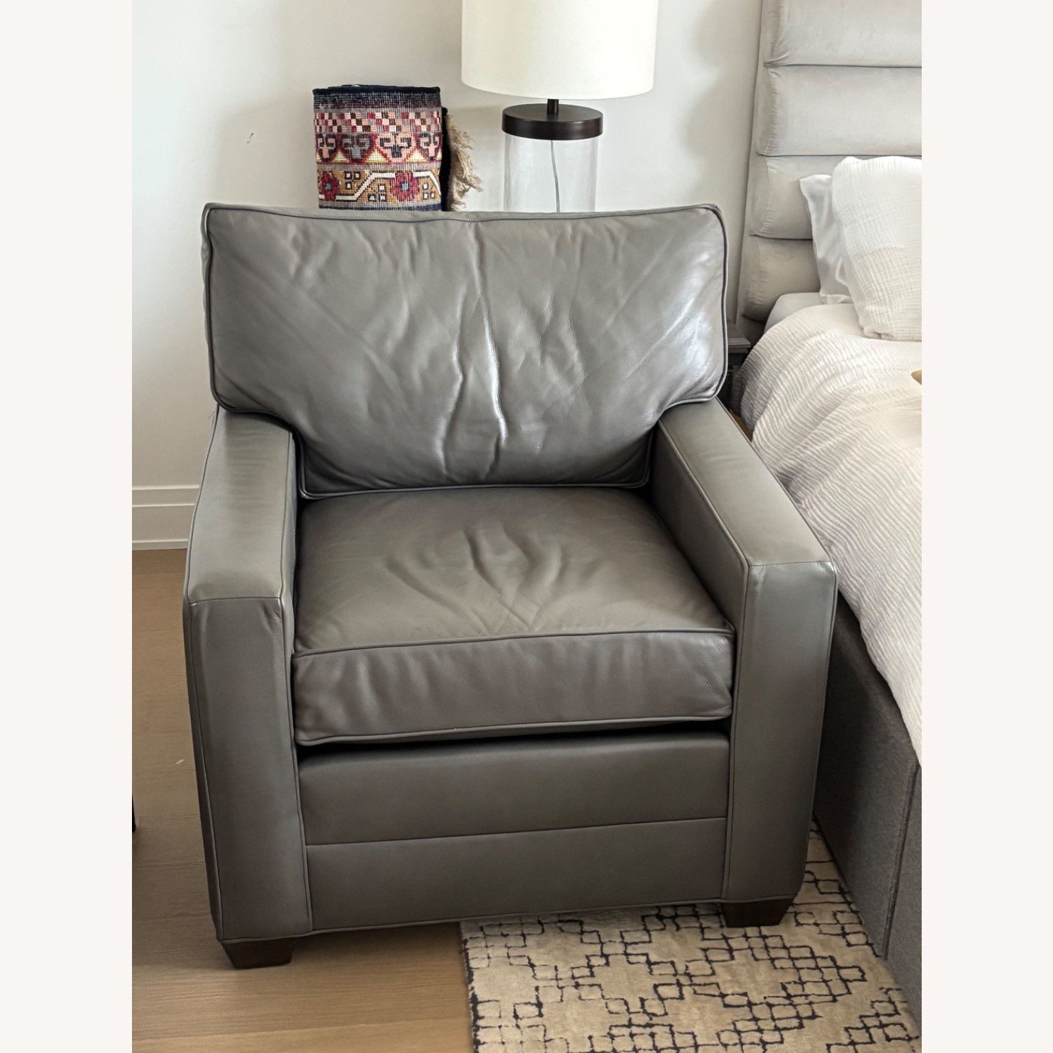 Ethan Allen Light Gray Bennett Track-Arm Leather Chair - image-1