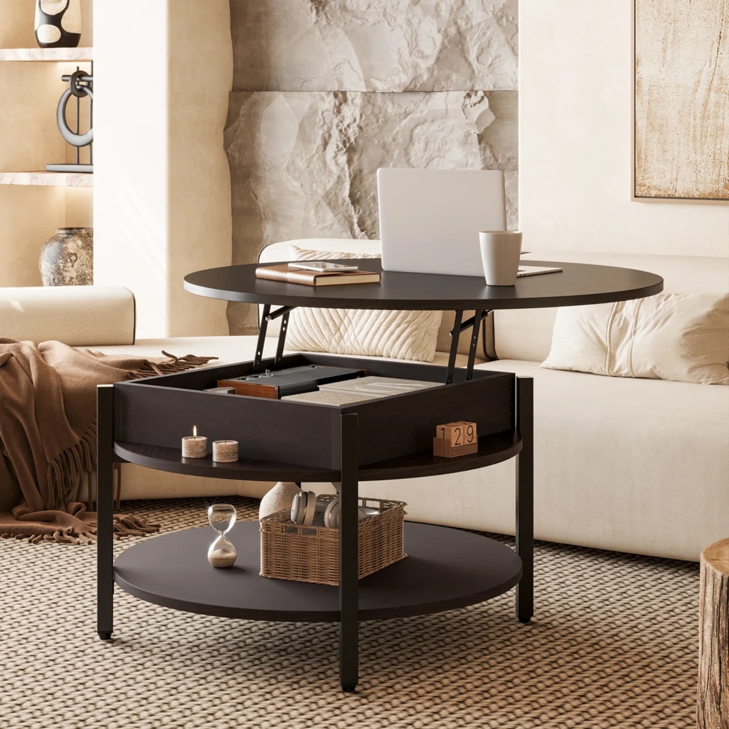 Round Coffee Table W Lift Top Storage- Like New! - image-5