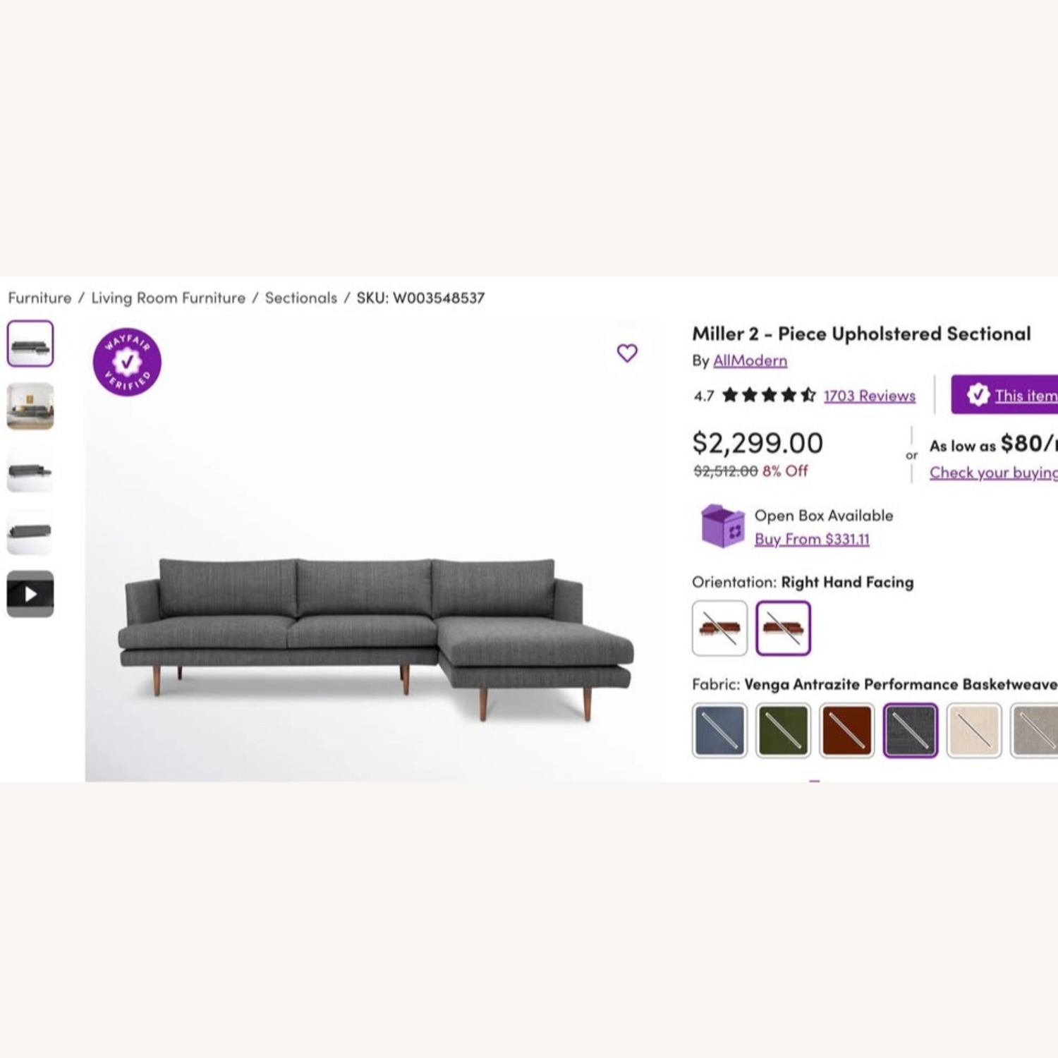 Miller 2 - Dark Grey Velvet Piece Sectional - image-2