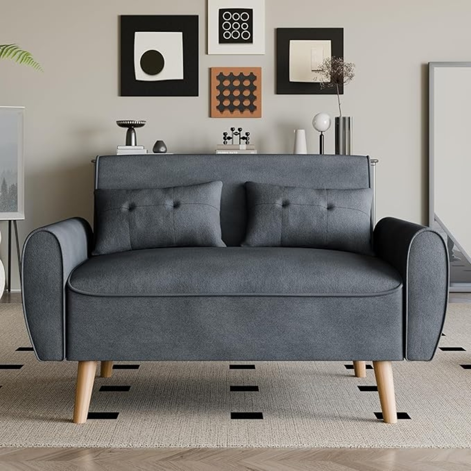 Modern Dark Grey Fabric Loveseat - image-5