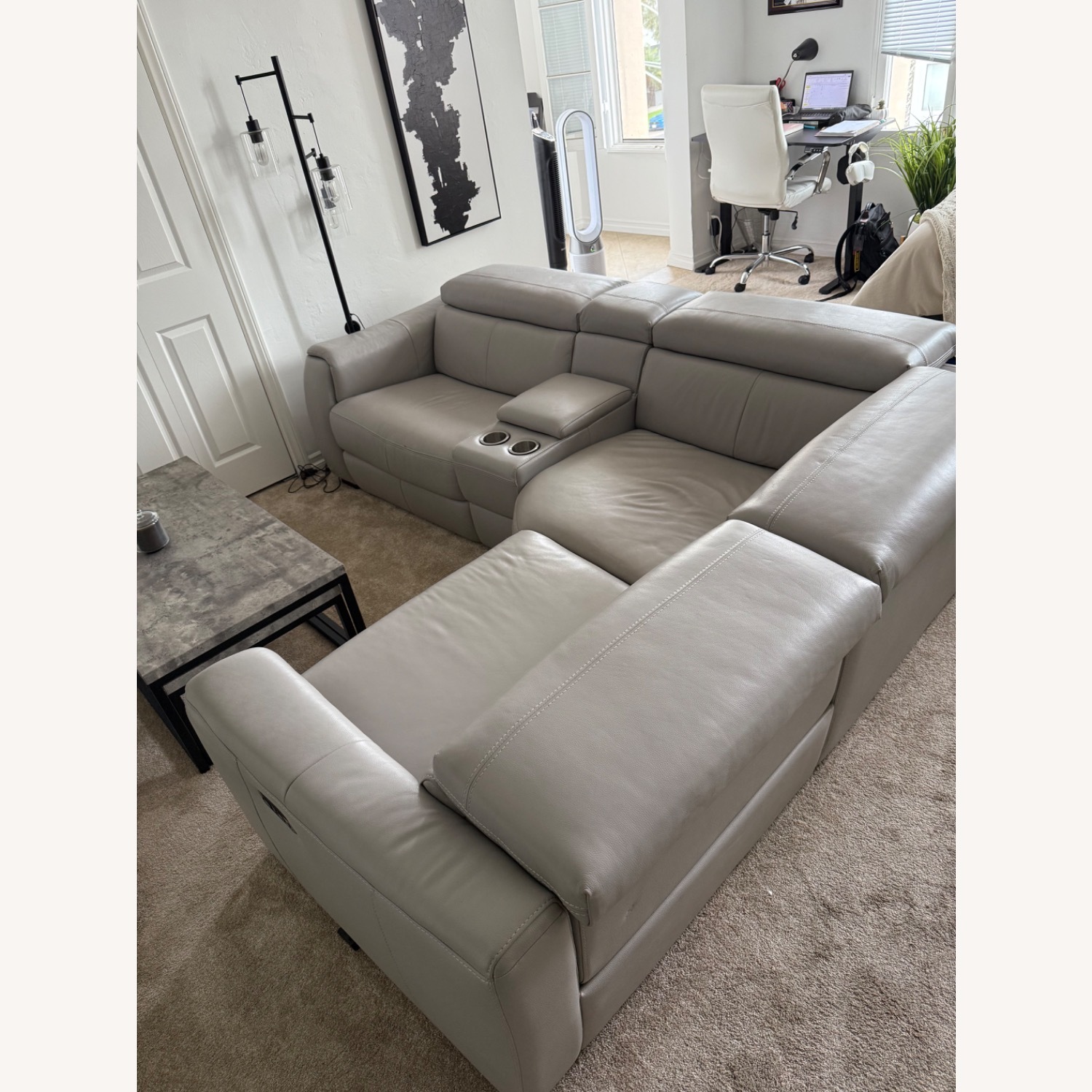 Havertys Light Gray Leather 3+ Piece Sectional - image-1