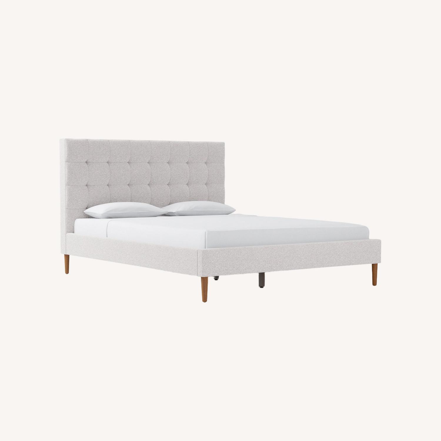 West Elm Emmett Grid Tufting, Bed, King, Chenille Tweed, Frost Gray, Cool Walnut - image-0