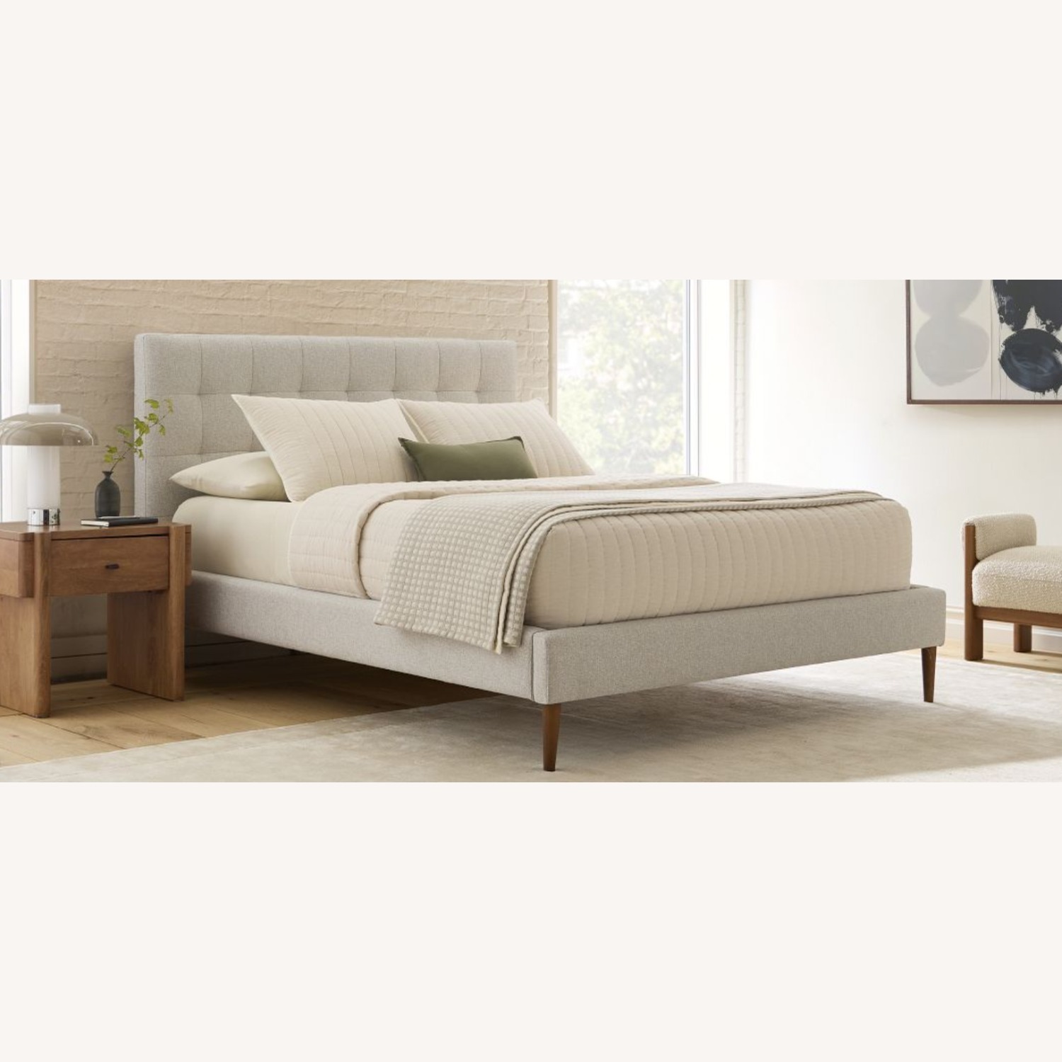 West Elm Emmett Grid Tufting, Bed, King, Chenille Tweed, Frost Gray, Cool Walnut - image-1