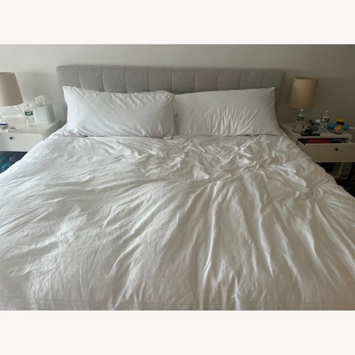 Used West Elm Emmett Grid Tufting, Bed, King, Chenille Tweed, Frost Gray, Cool Walnut for sale on AptDeco