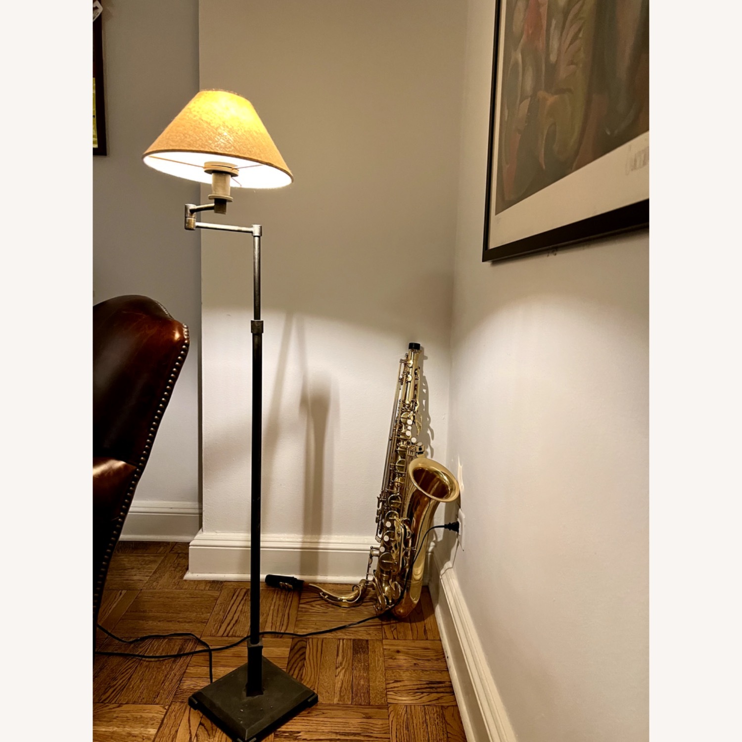 Restoration Hardware Petite Candlestick Linen Shade Swing-Arm Floor Lamp - image-3