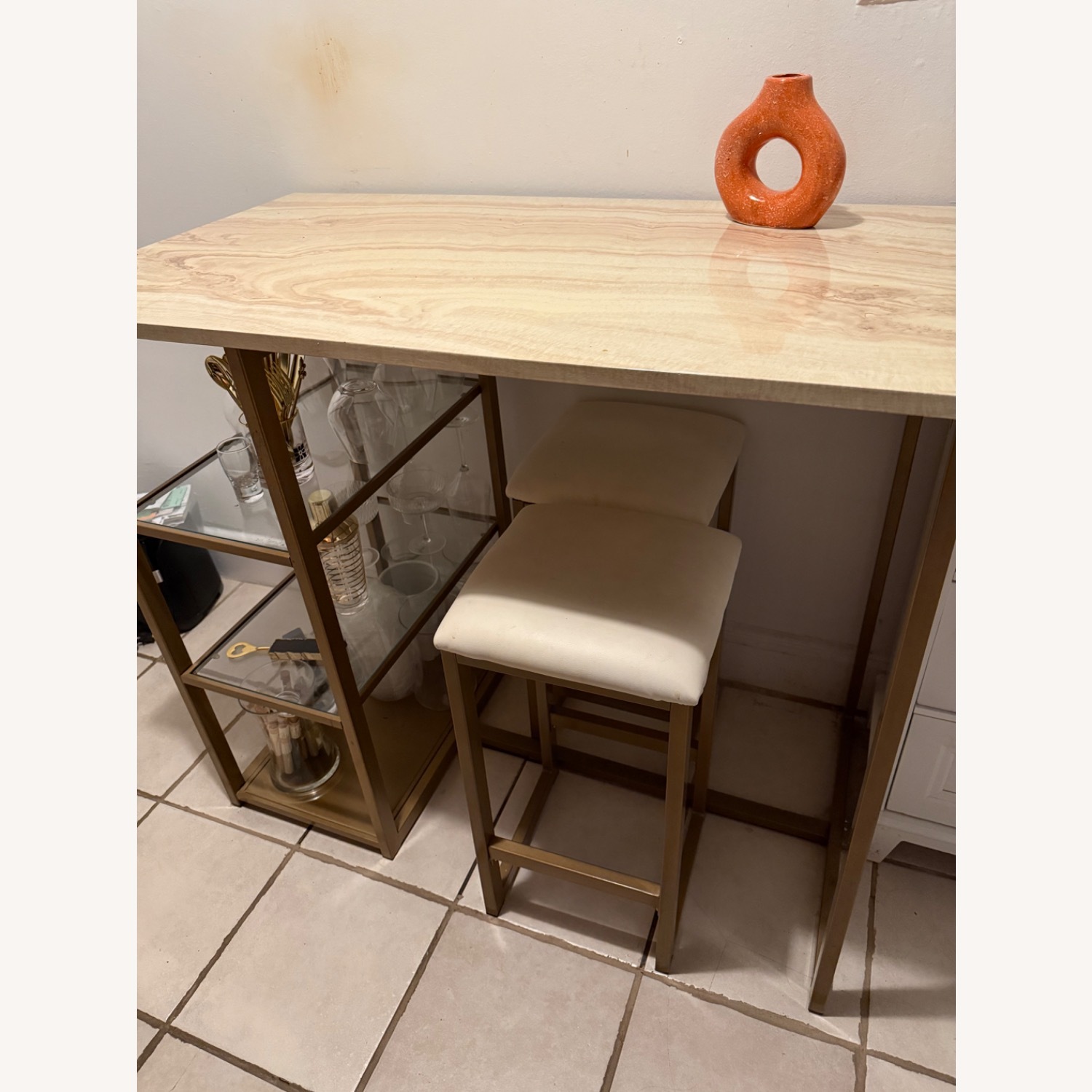 Gold Kitchen Island & 2 Stools - image-2