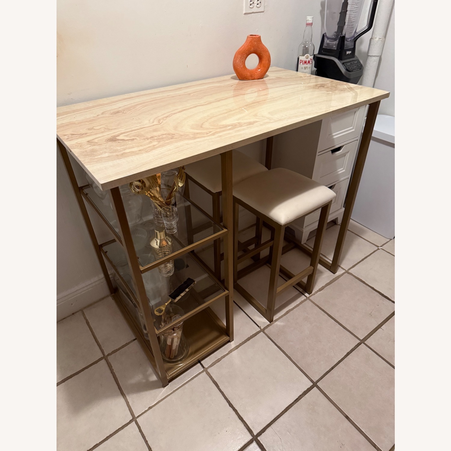 Gold Kitchen Island & 2 Stools - image-1