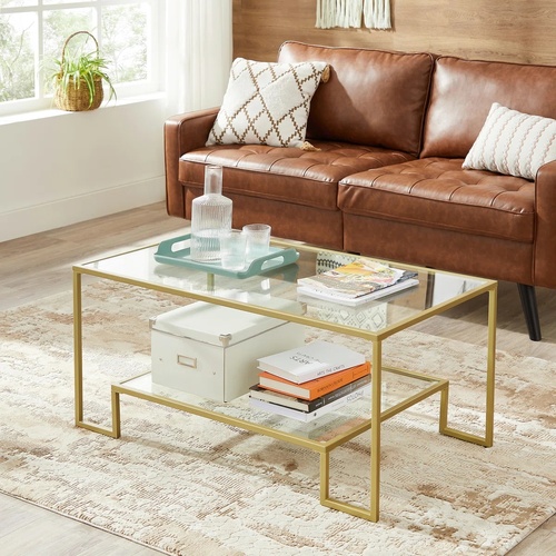 Used Wayfair Gold Tiered Glass Coffee Table for sale on AptDeco
