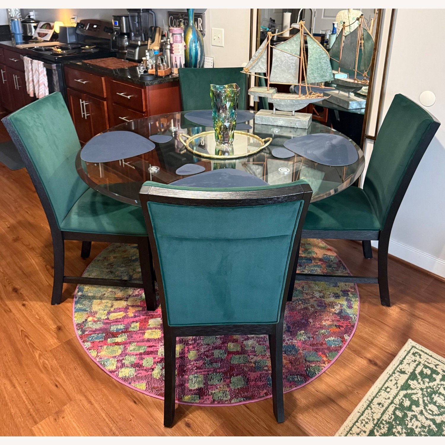 Cosmopolitan 5 Piece Black & Emerald Upholstered Round Dining Set - image-2
