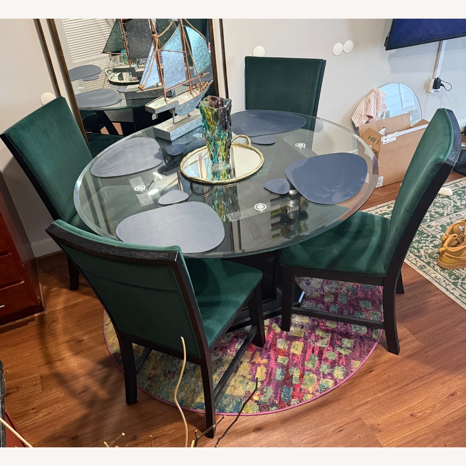 Cosmopolitan 5 Piece Black & Emerald Upholstered Round Dining Set - image-1
