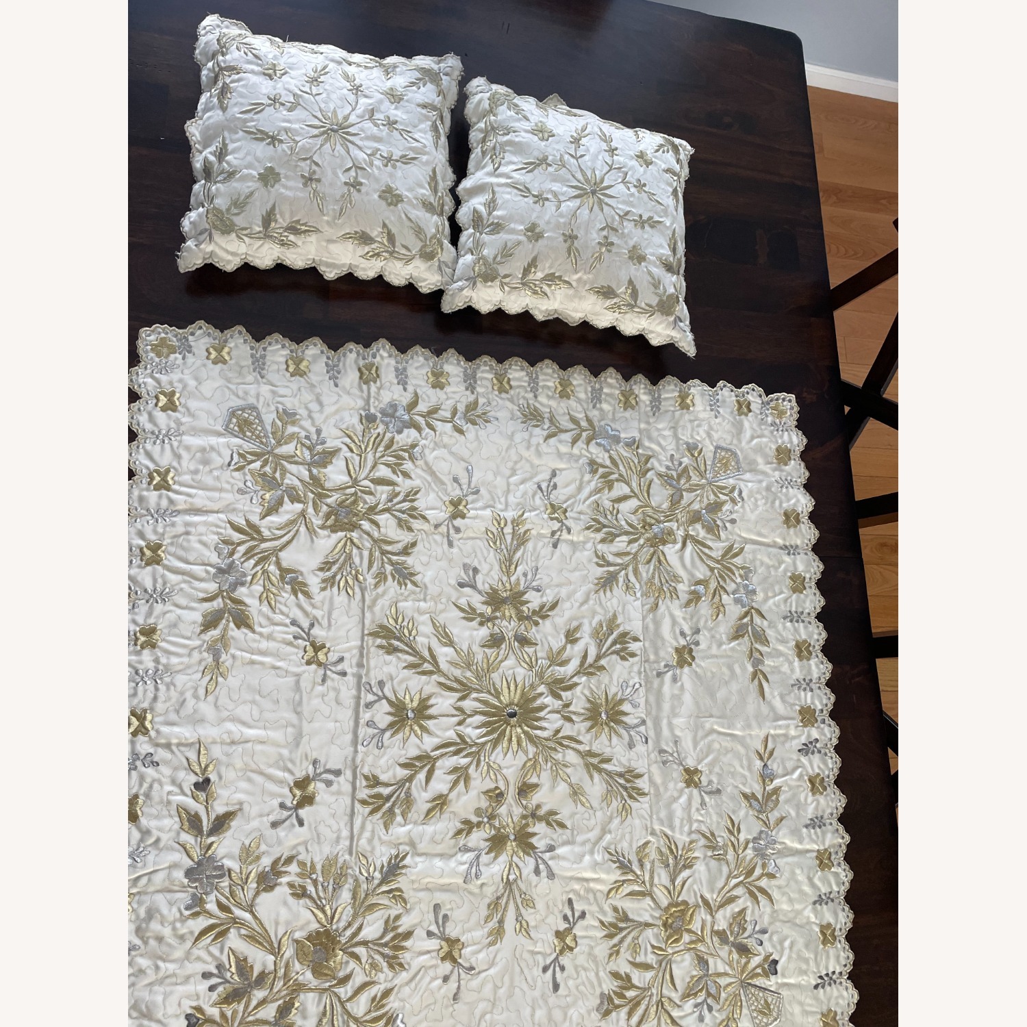 Gold Elegant Embroidered Satin Pillow& Table Set - image-3