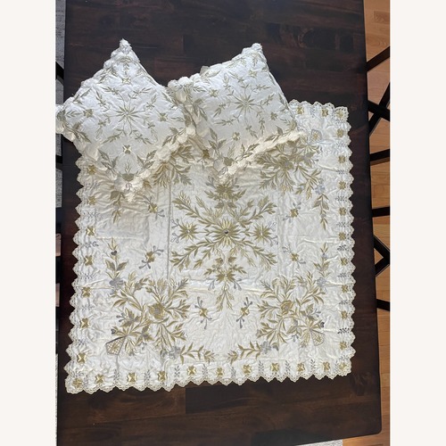 Used Gold Elegant Embroidered Satin Pillow& Table Set for sale on AptDeco