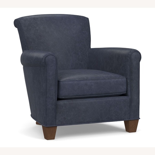 Used Pottery Barn Irving Blue Leather Armchair for sale on AptDeco