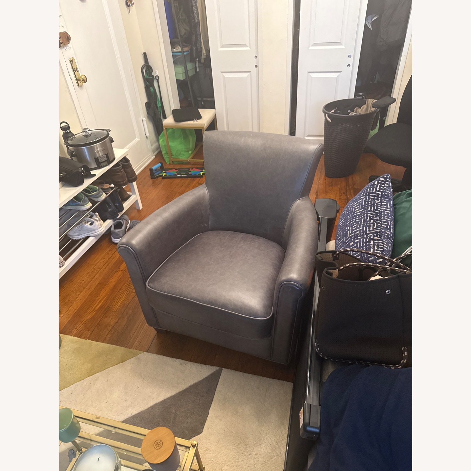 Pottery Barn Irving Blue Leather Armchair - image-3