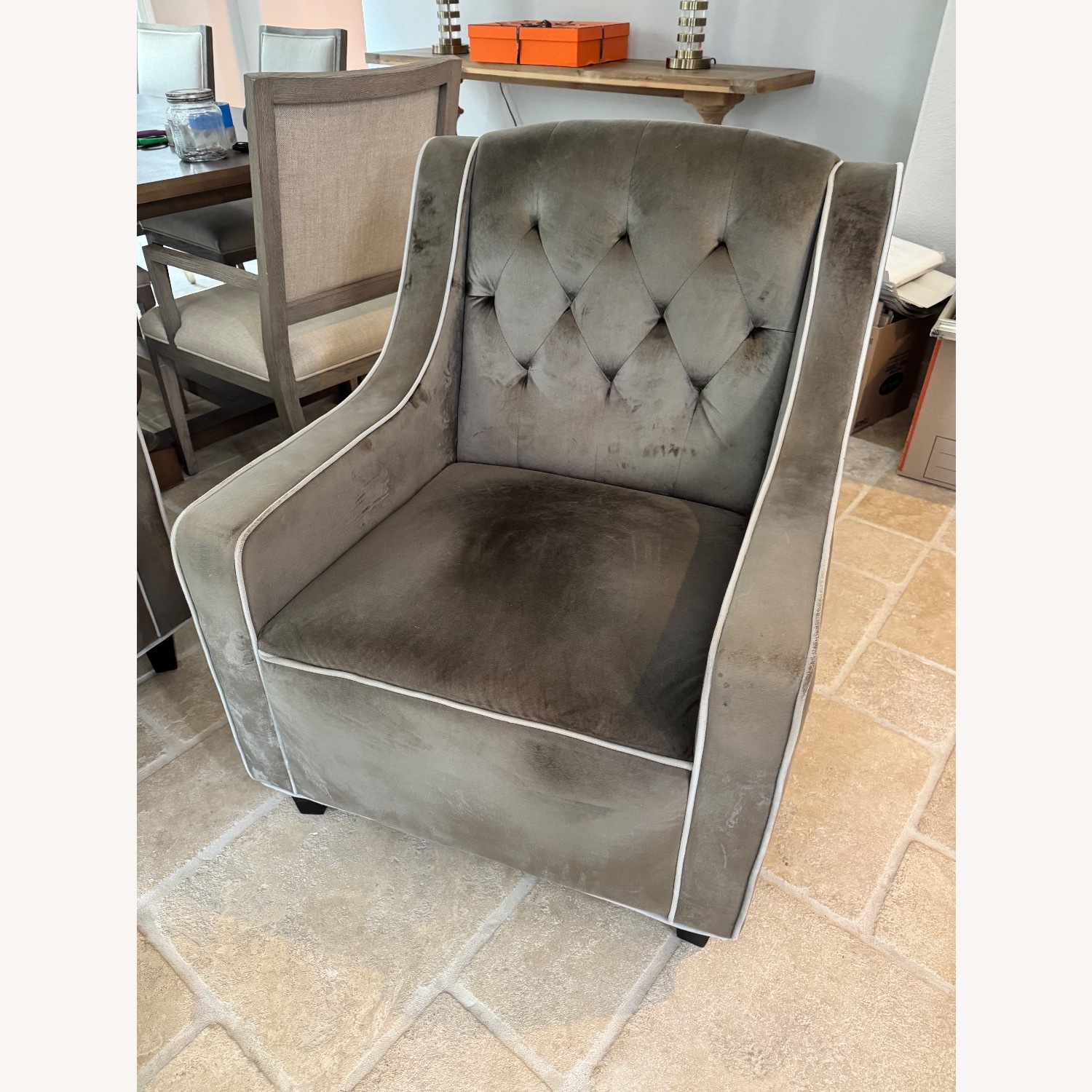 Living Spaces Light Gray Velvet Armchair - image-3
