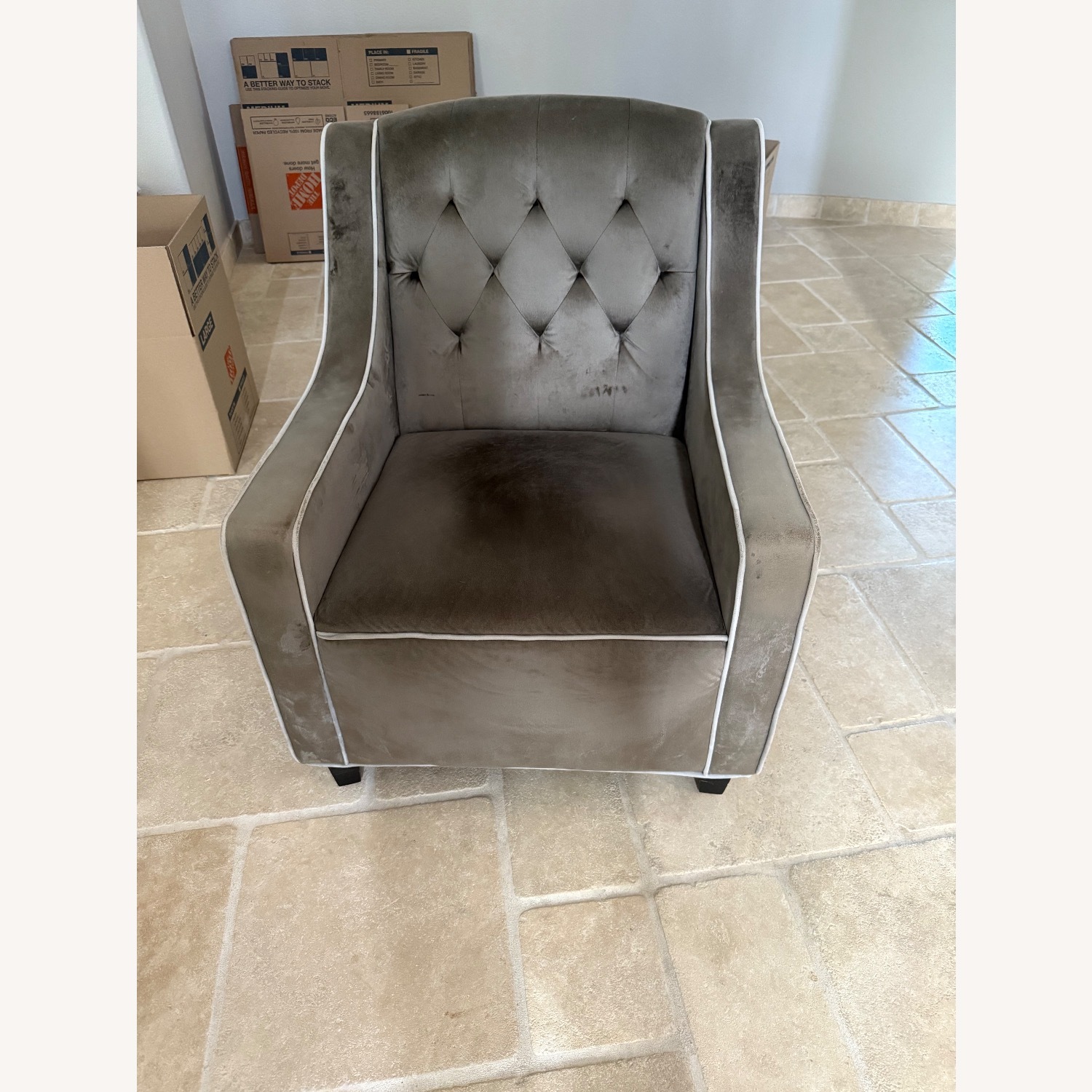 Living Spaces Light Gray Velvet Armchair - image-1