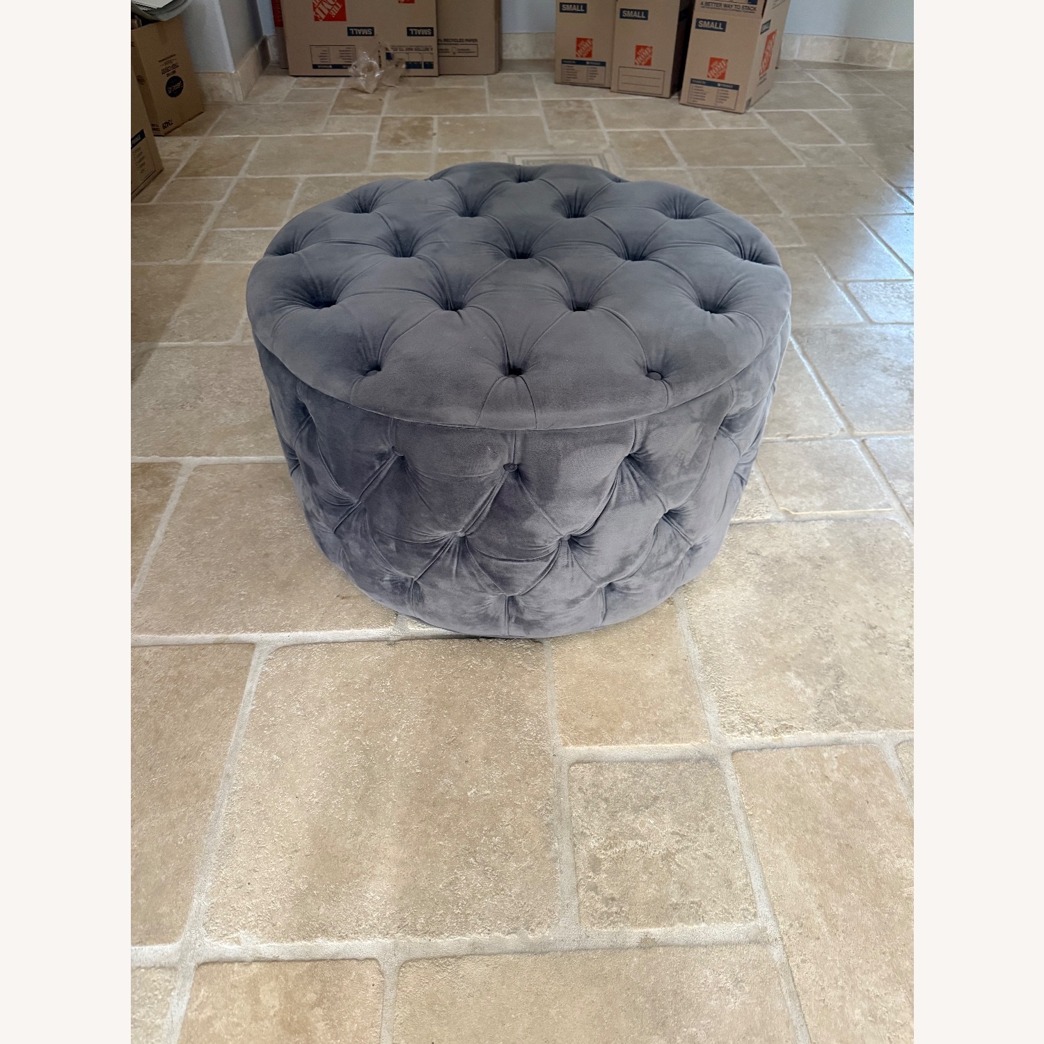 Living Spaces Light Gray Velvet Ottoman - image-1