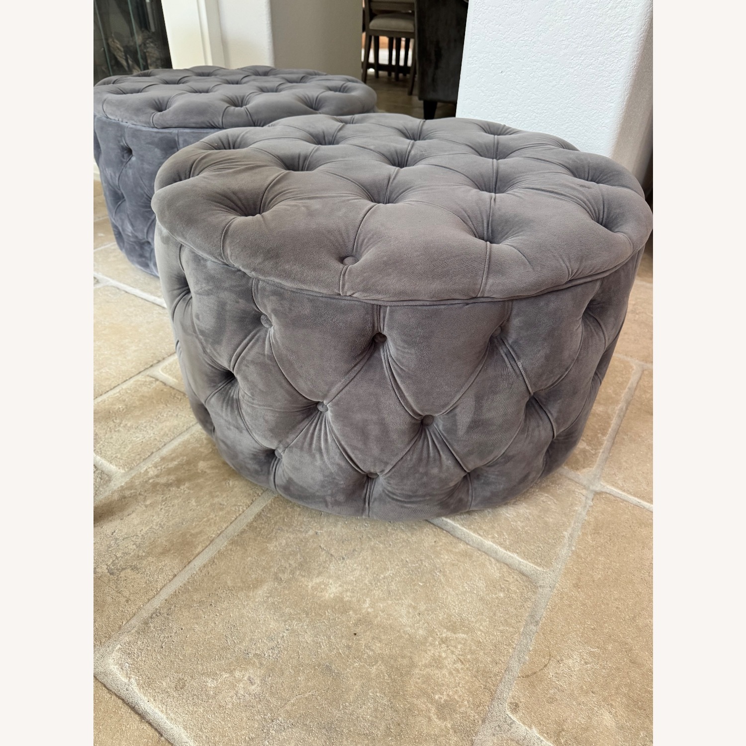Living Spaces Light Gray Velvet Ottoman - image-2