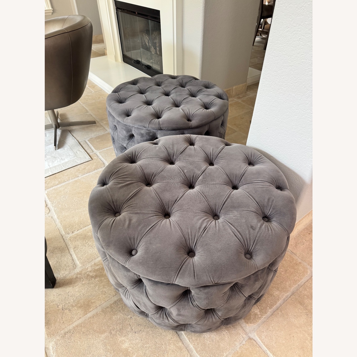 Living Spaces Light Gray Velvet Ottoman - image-3