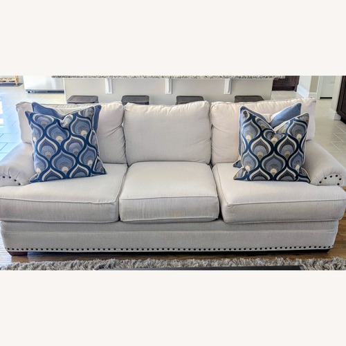 Used Havertys Neutral Linen Sofa with Nailhead Trim for sale on AptDeco