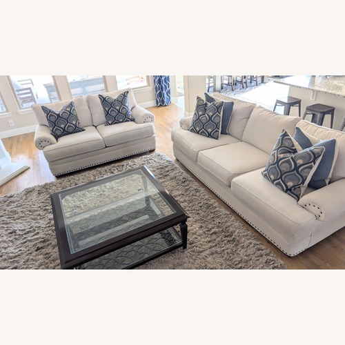 Used Havertys Neutral Linen Sofa with Nailhead Trim for sale on AptDeco