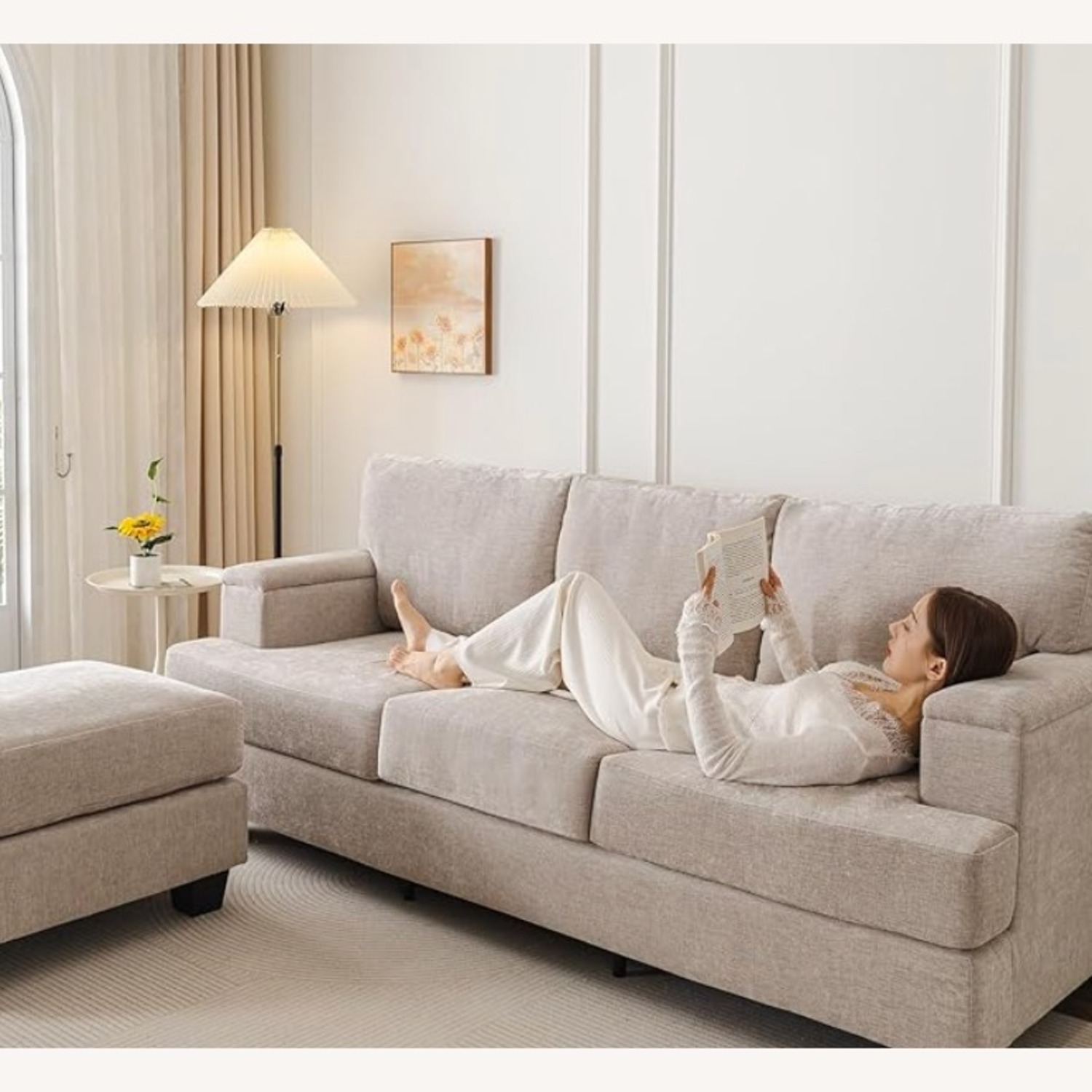 Amazon Light Gray Fabric 3+ Seater Sofa + Ottoman - image-2