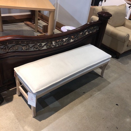 Used Linen Pillow Top Beach Wood Framed Bench for sale on AptDeco