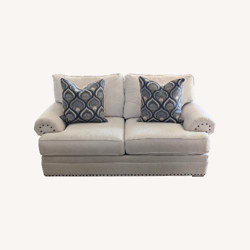 Used Havertys Neutral Linen Loveseat with Nailhead Trim for sale on AptDeco