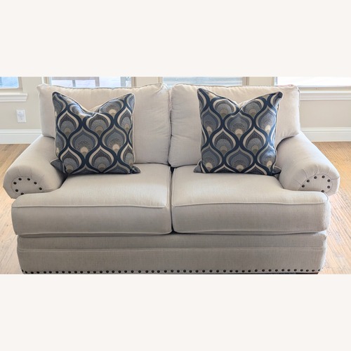 Used Havertys Neutral Linen Loveseat with Nailhead Trim for sale on AptDeco