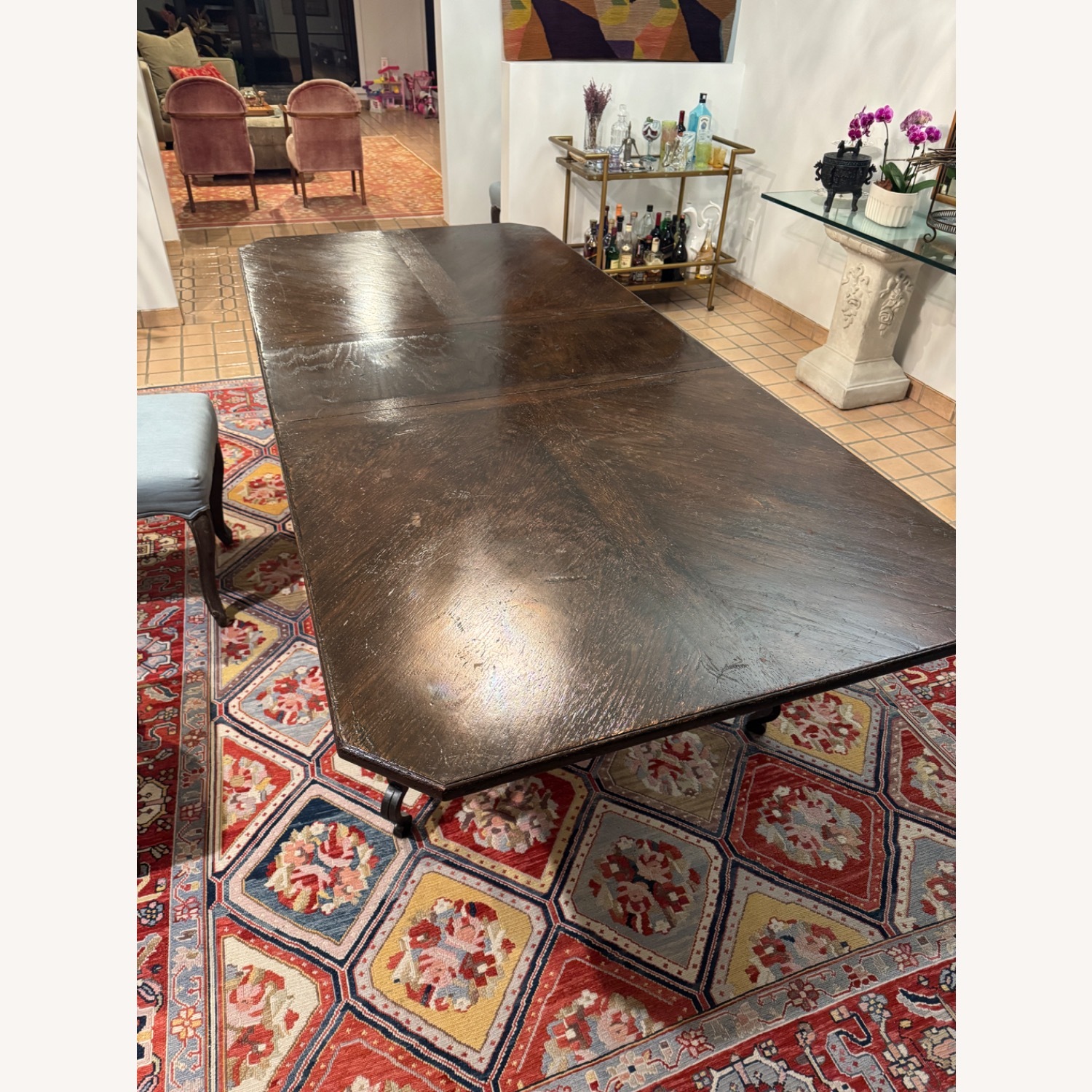 Vintage Dark Brown Dining Table Wrought Iron Base - image-3