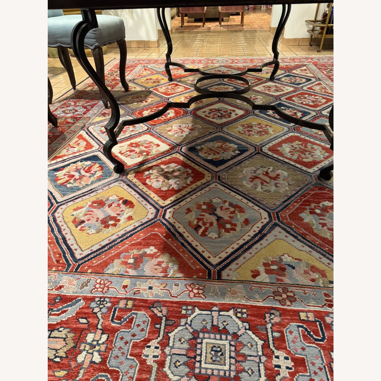 Vintage Dark Brown Dining Table Wrought Iron Base - image-8