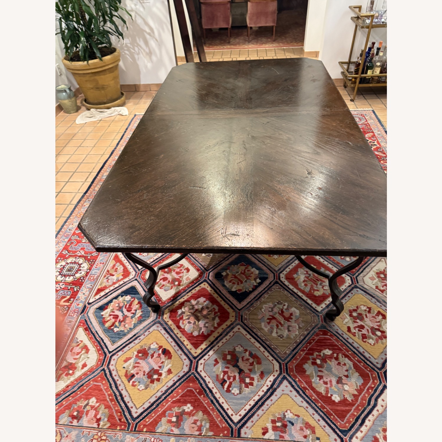 Vintage Dark Brown Dining Table Wrought Iron Base - image-6