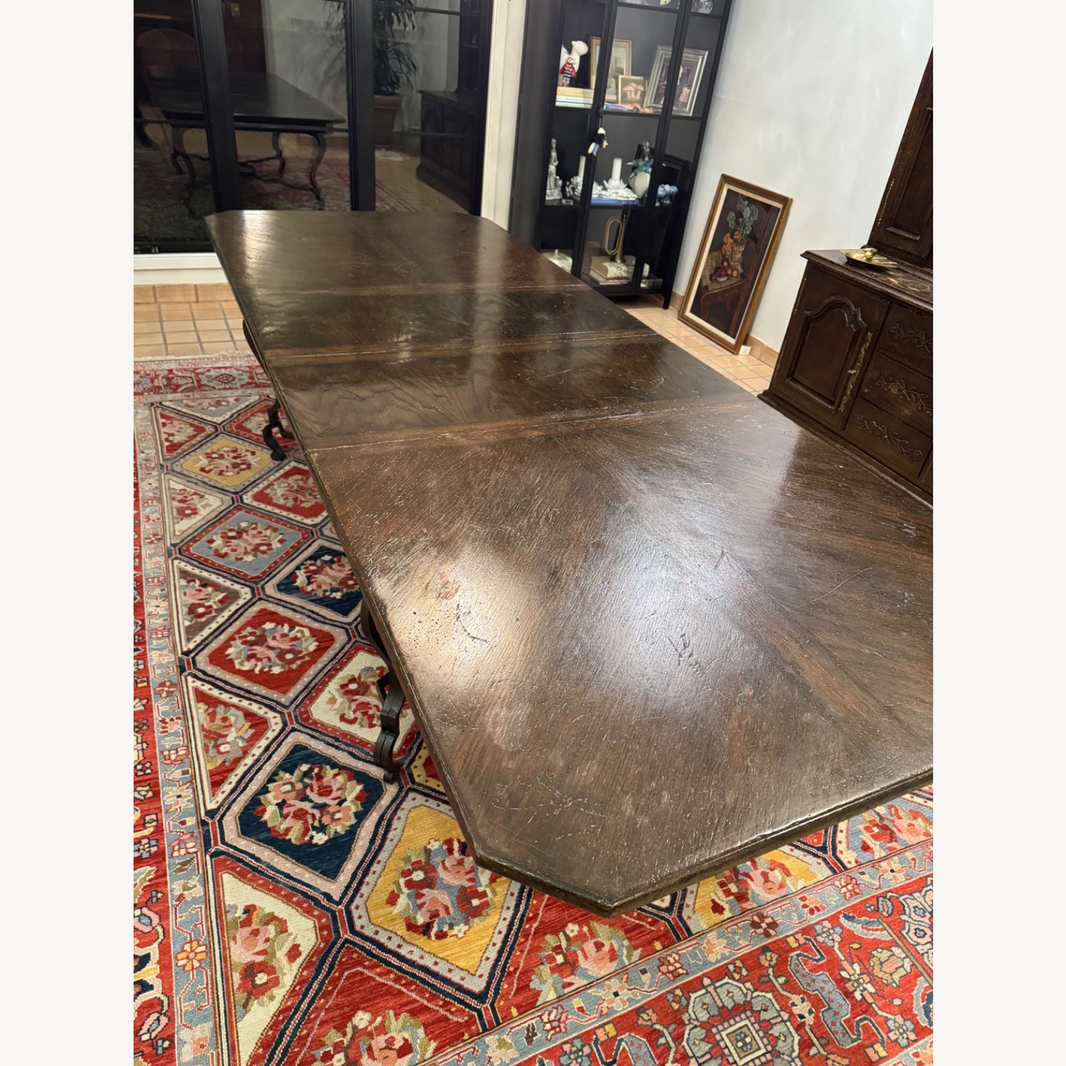 Vintage Dark Brown Dining Table Wrought Iron Base - image-4