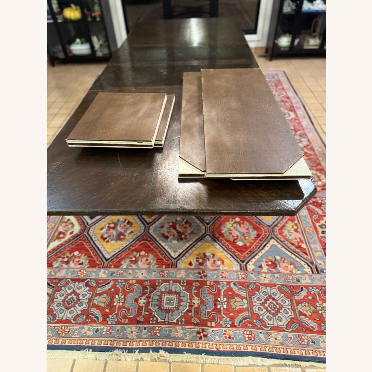 Vintage Dark Brown Dining Table Wrought Iron Base - image-5