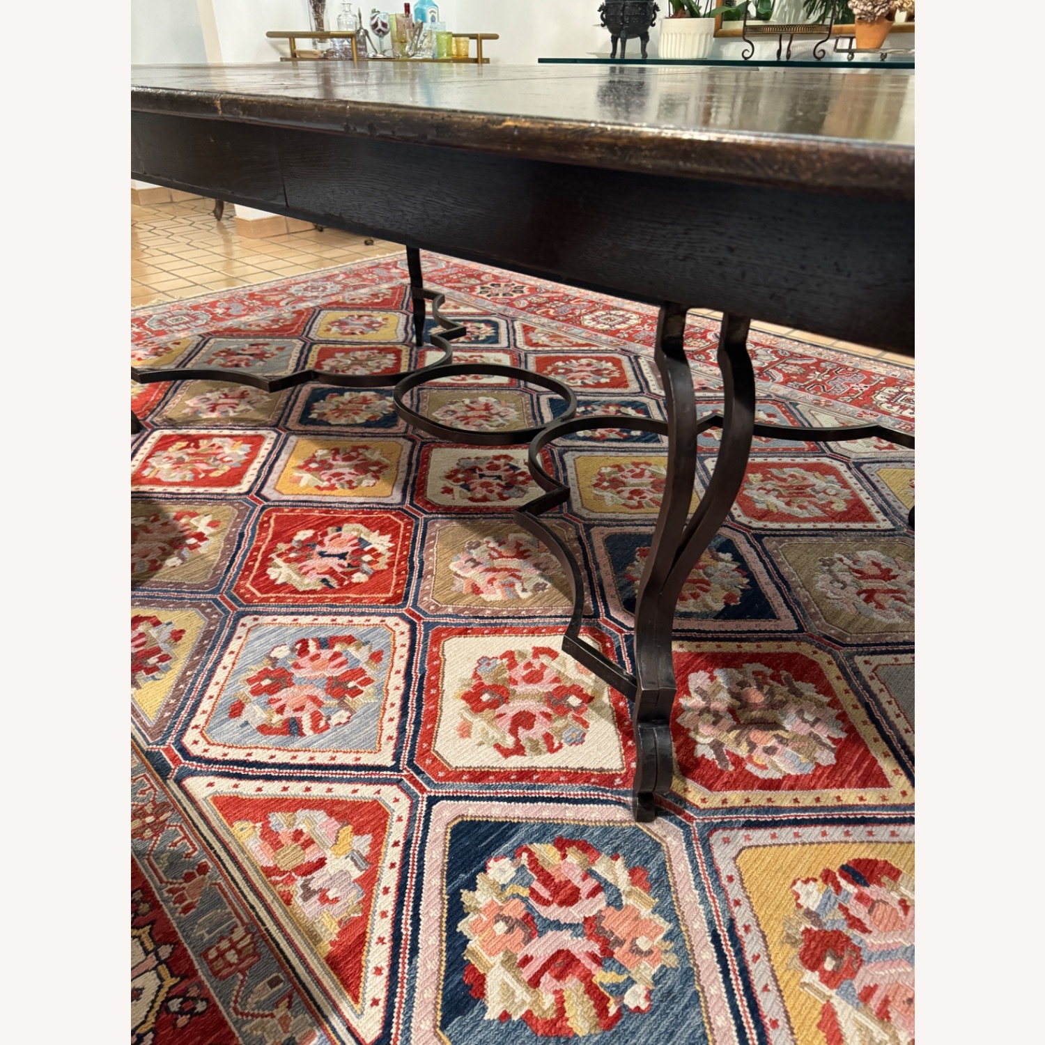 Vintage Dark Brown Dining Table Wrought Iron Base - image-7
