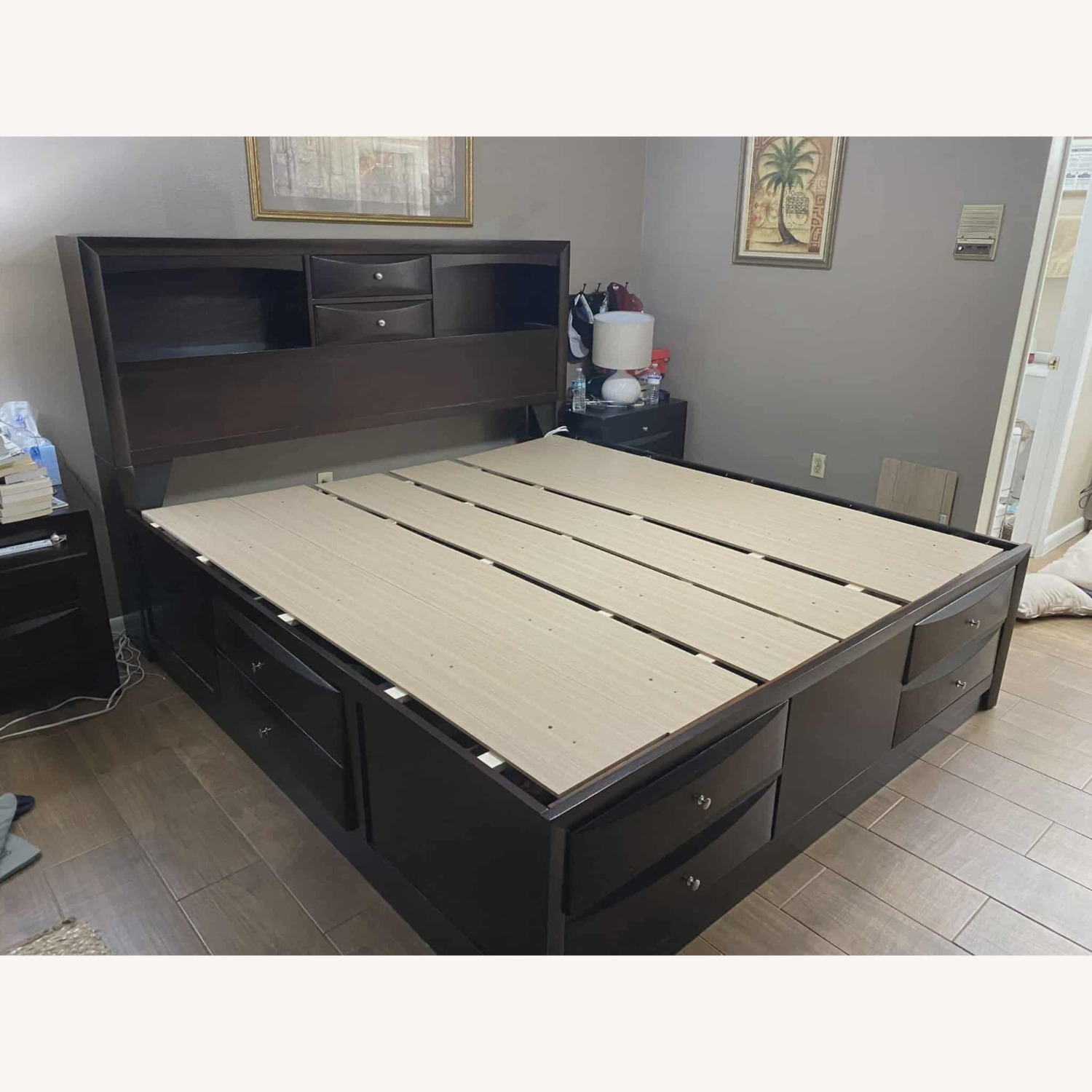 Antique Dark Brown Wood King Bed with Storage  - image-1