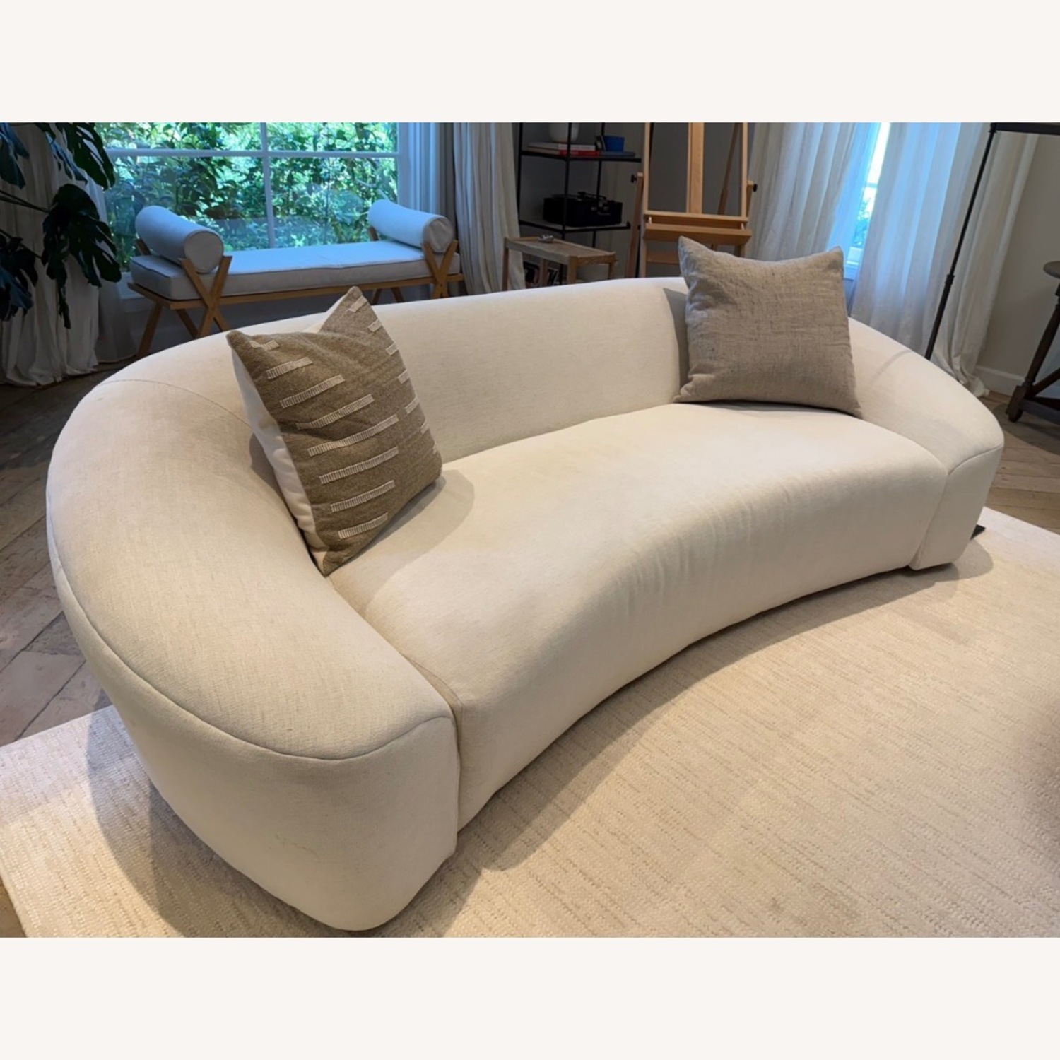 White Linen Curved Sofa - image-1