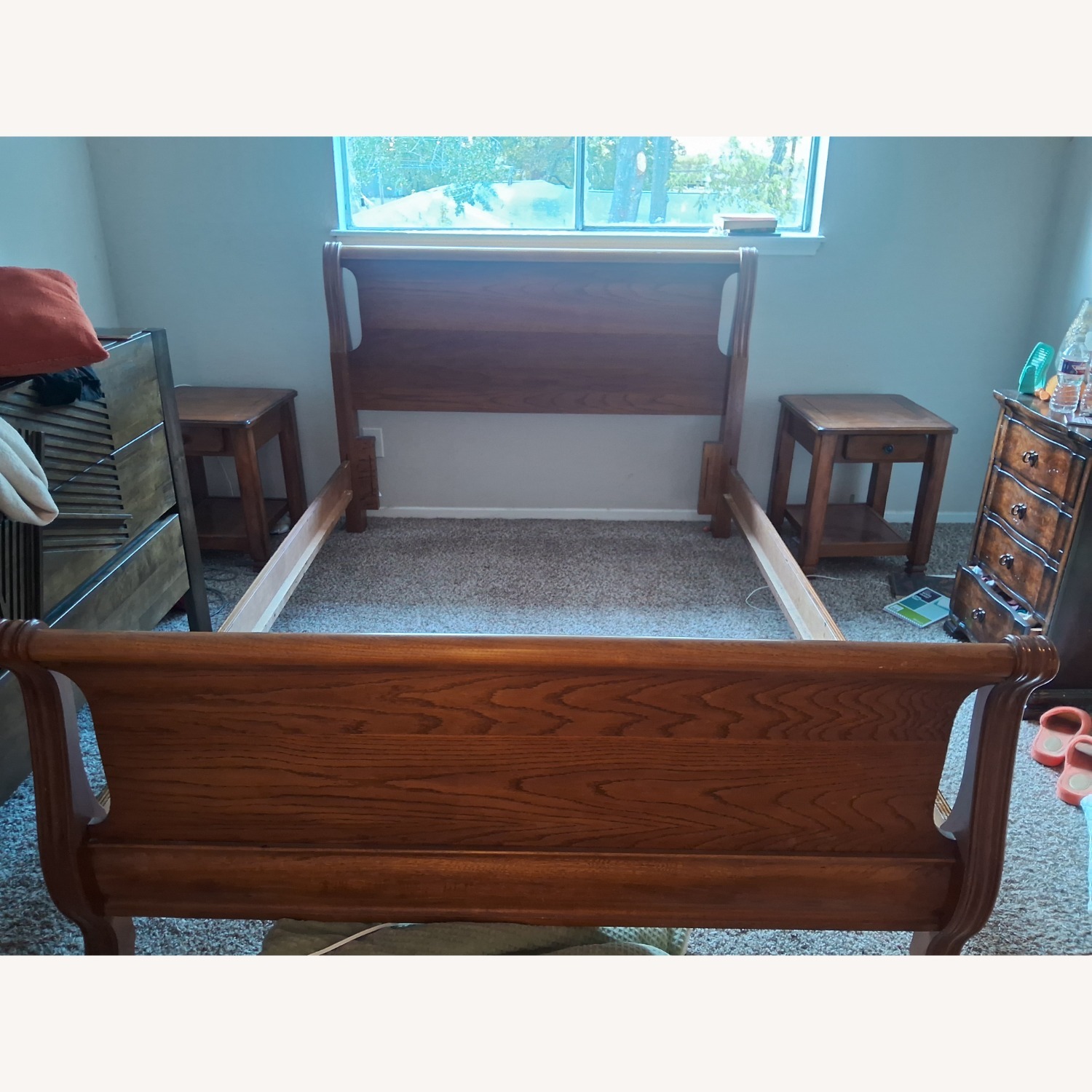 Vintage/Antique Light Brown Wood Queen Bed - image-1