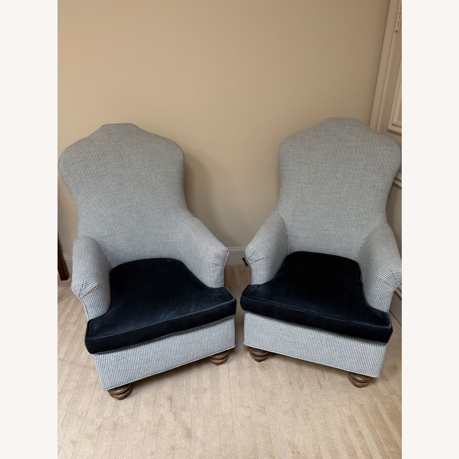 Pair of Arhaus Velvet Blue and Houndstooth Chairs - image-1