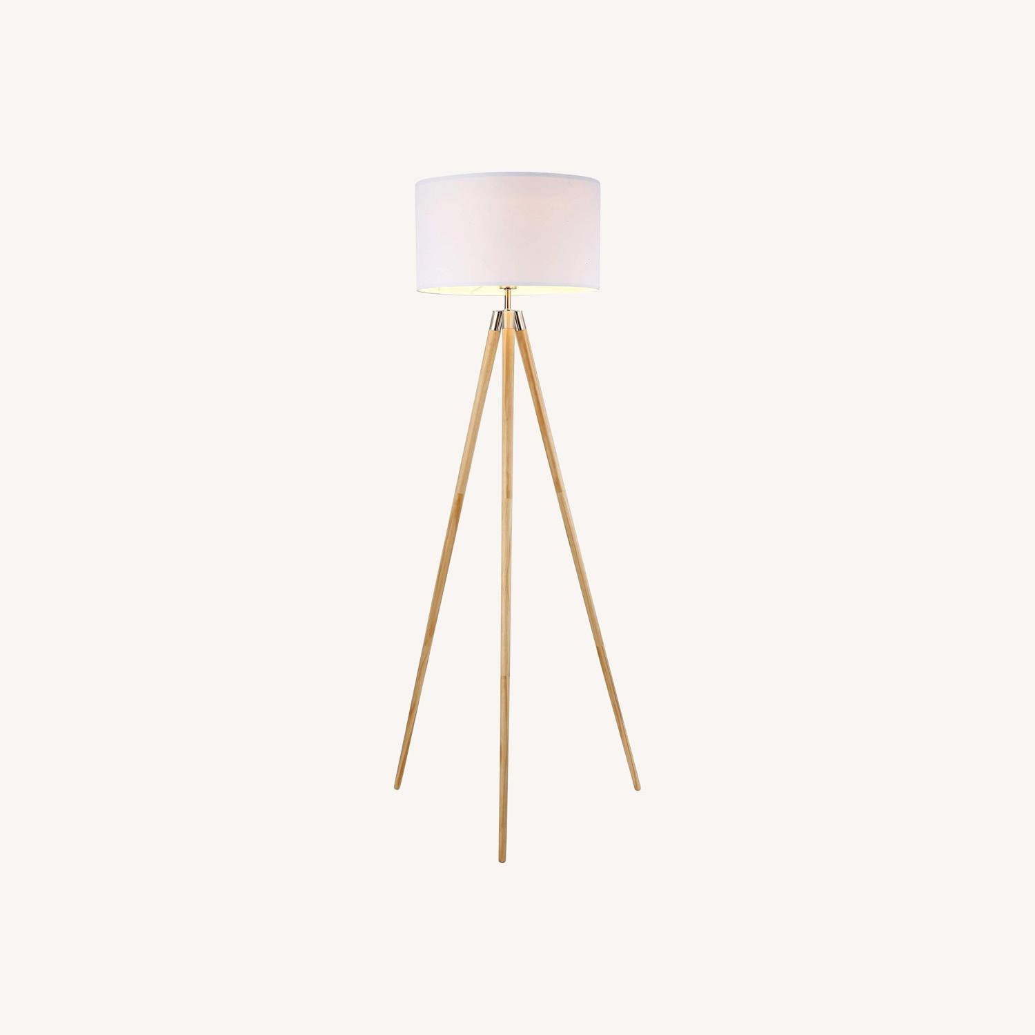 Amazon Wood Tripod Floor Lamp with White Fabric Shade - image-0