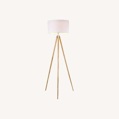 Used Amazon Wood Tripod Floor Lamp with White Fabric Shade for sale on AptDeco