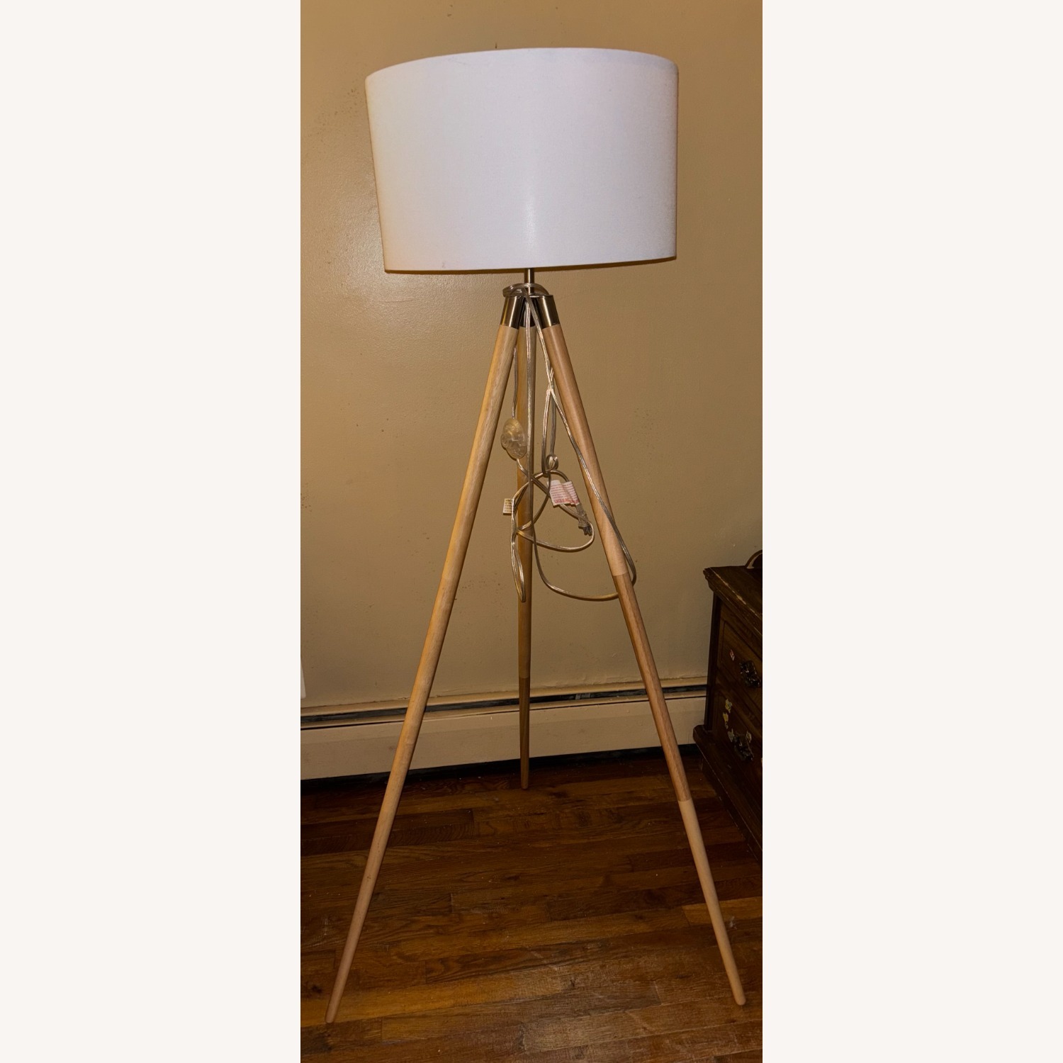 Amazon Wood Tripod Floor Lamp with White Fabric Shade - image-1
