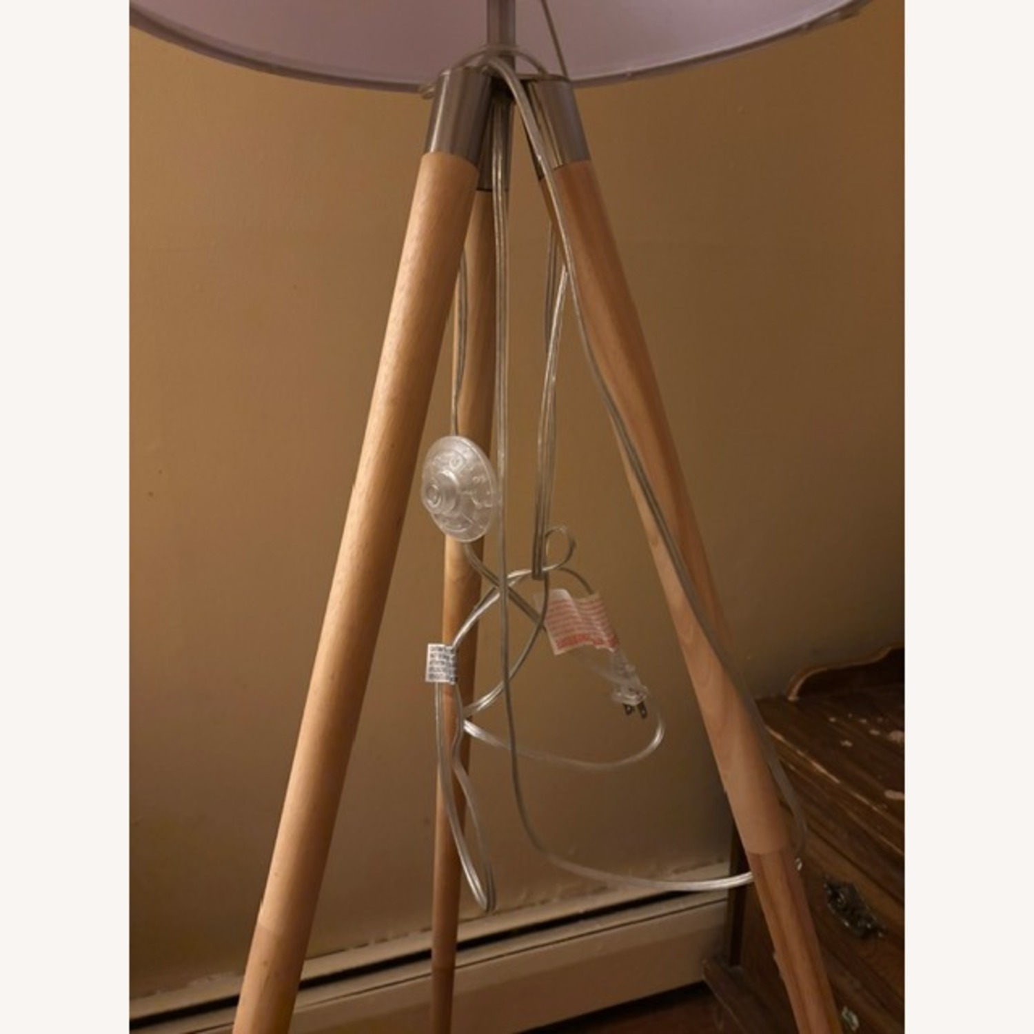 Amazon Wood Tripod Floor Lamp with White Fabric Shade - image-2