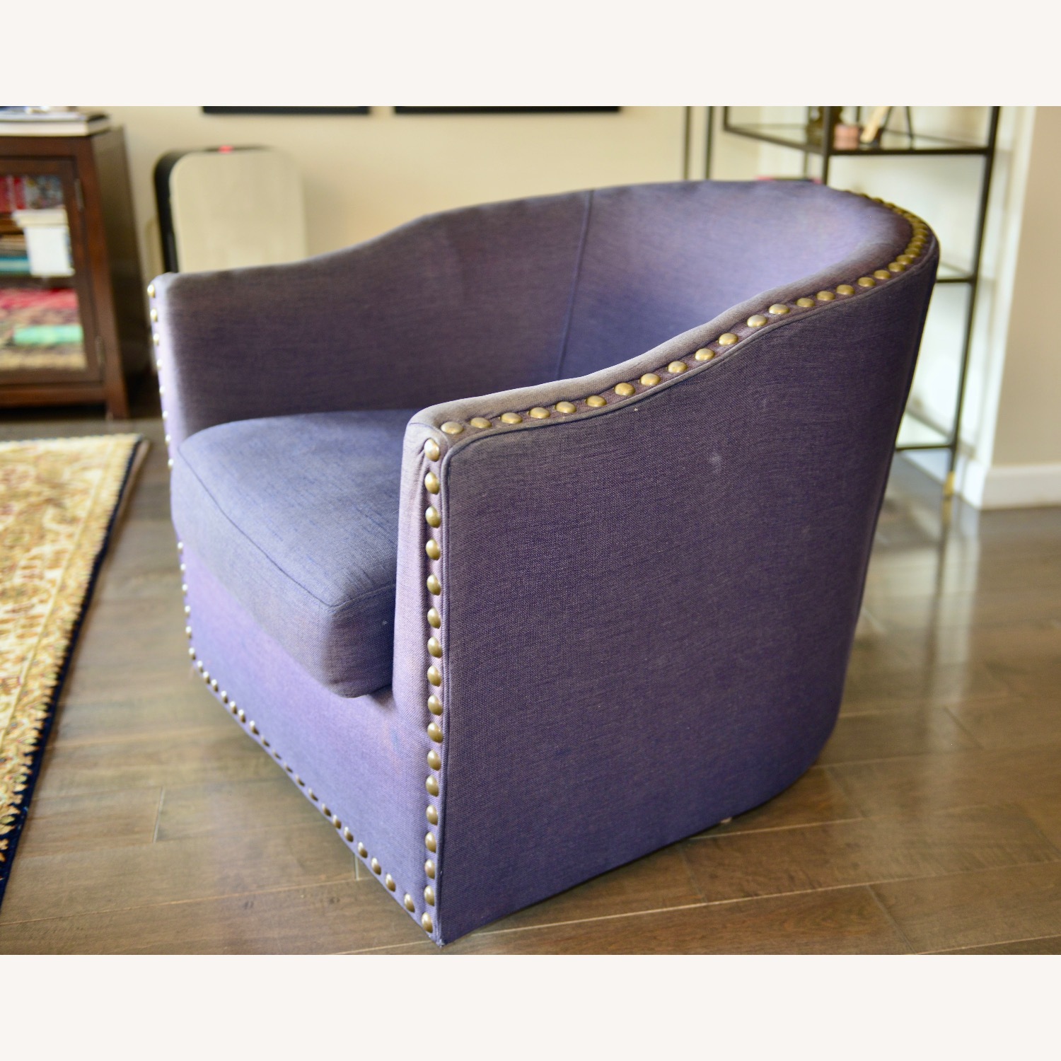 Pottery Barn Harlow Upholstered Swivel Blue Armchair - image-5