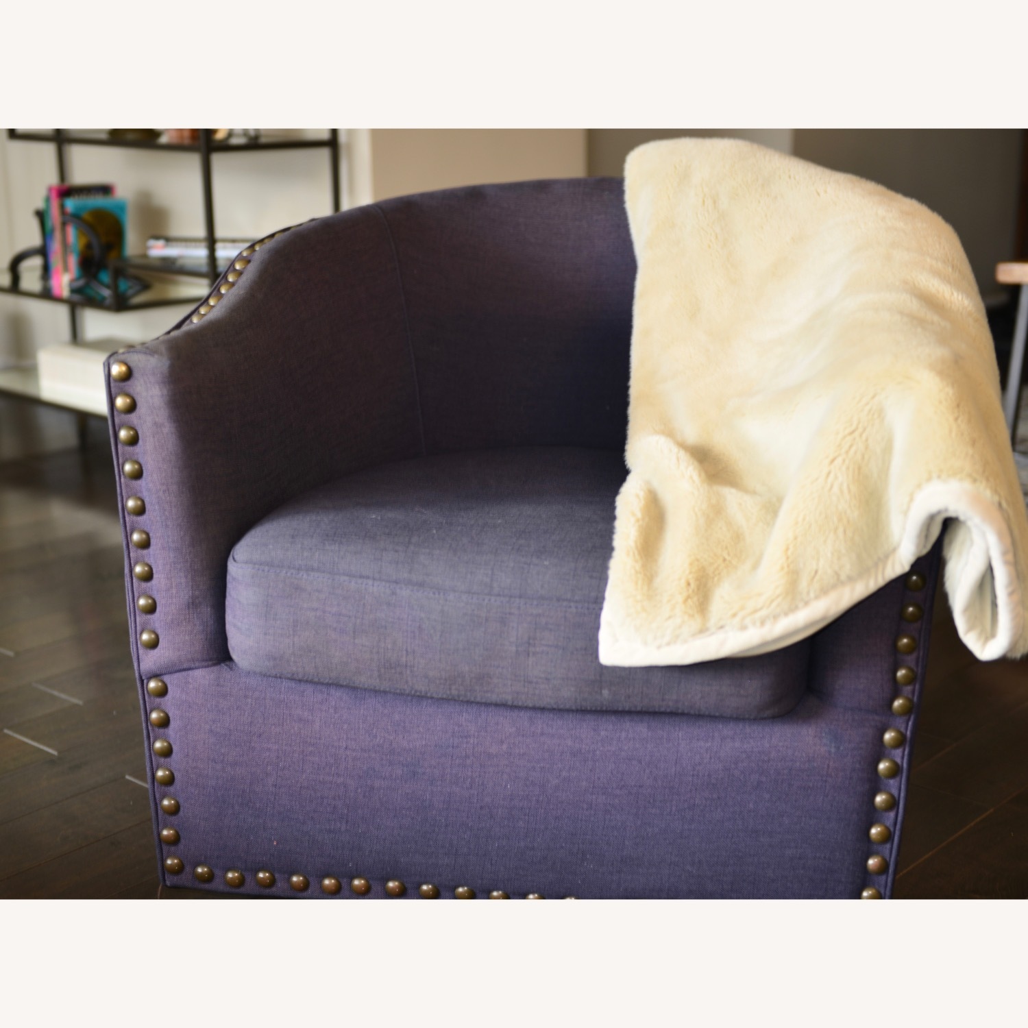 Pottery Barn Harlow Upholstered Swivel Blue Armchair - image-2