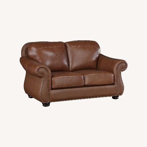 Used Macy's Cognac Genuine Leather Loveseat for sale on AptDeco