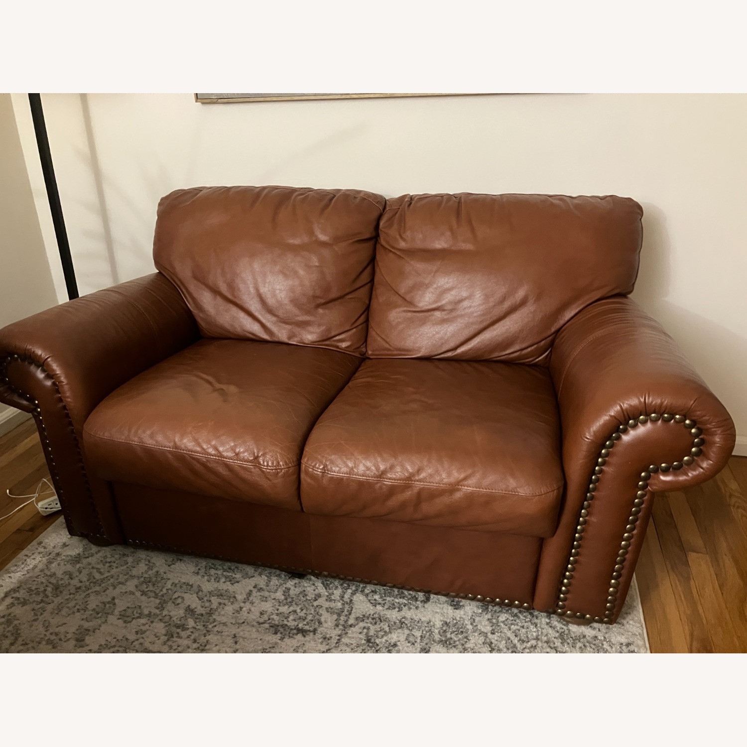 Macy's Cognac Genuine Leather Loveseat - image-1